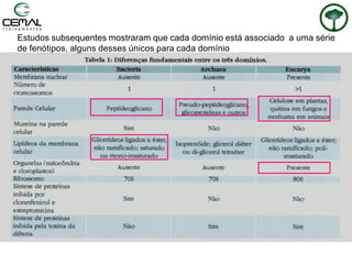 Estudos subsequentes mostraram que cada domínio está associado a uma série
de fenótipos, alguns desses únicos para cada domínio
 