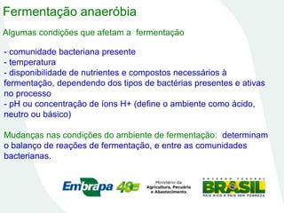 Fermentação anaeróbia
Algumas condições que afetam a fermentação
- comunidade bacteriana presente
- temperatura
- disponibilidade de nutrientes e compostos necessários à
fermentação, dependendo dos tipos de bactérias presentes e ativas
no processo
- pH ou concentração de íons H+ (define o ambiente como ácido,
neutro ou básico)
Mudanças nas condições do ambiente de fermentação: determinam
o balanço de reações de fermentação, e entre as comunidades
bacterianas.
 