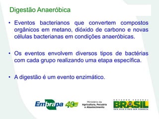 Digestão Anaeróbica
• Eventos bacterianos que convertem compostos
orgânicos em metano, dióxido de carbono e novas
células bacterianas em condições anaeróbicas.
• Os eventos envolvem diversos tipos de bactérias
com cada grupo realizando uma etapa específica.
• A digestão é um evento enzimático.
 