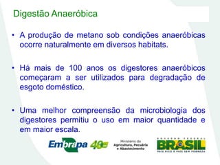 Digestão Anaeróbica
• A produção de metano sob condições anaeróbicas
ocorre naturalmente em diversos habitats.
• Há mais de 100 anos os digestores anaeróbicos
começaram a ser utilizados para degradação de
esgoto doméstico.
• Uma melhor compreensão da microbiologia dos
digestores permitiu o uso em maior quantidade e
em maior escala.
 