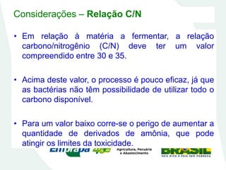 Considerações – Relação C/N
• Em relação à matéria a fermentar, a relação
carbono/nitrogênio (C/N) deve ter um valor
compreendido entre 30 e 35.
• Acima deste valor, o processo é pouco eficaz, já que
as bactérias não têm possibilidade de utilizar todo o
carbono disponível.
• Para um valor baixo corre-se o perigo de aumentar a
quantidade de derivados de amônia, que pode
atingir os limites da toxicidade.
 