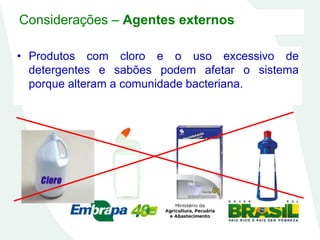 Considerações – Agentes externos
• Produtos com cloro e o uso excessivo de
detergentes e sabões podem afetar o sistema
porque alteram a comunidade bacteriana.
 