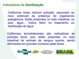 Indicadores de Sanitização
Coliformes totais indicam poluição, associado ao
risco potencial da presença de organismos
patogênicos. Estão presentes no trato intestinal, no
solo, água... Indica falha no tratamento ou
distribuição de água
Coliformes termotolerantes são indicadores de
poluição fecal, pois estão presentes no trato
intestinal de animais de sangue quente, sendo
eliminadas em grandes números pelas fezes.
 