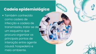 Cadeia epidemiológica
Também conhecido
como cadeia de
infecção e cadeia de
transmissão, trata-se de
um esquema que
procura organizar os
principais pontos de
interação entre agente
causal, hospedeiro e
meio ambiente.
 