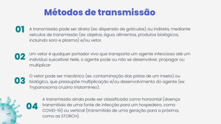 Métodos de transmissão
01 A transmissão pode ser direta (ex: dispersão de gotículas) ou indireta, mediante
veículos de transmissão (ex: objetos, água, alimentos, produtos biológicos,
incluindo soro e plasma) e/ou vetor.
02
Um vetor é qualquer portador vivo que transporta um agente infeccioso até um
indivíduo suscetível. Nele, o agente pode ou não se desenvolver, propagar ou
multiplicar
03
O vetor pode ser mecânico (ex: contaminação das patas de um inseto) ou
biológico, que pressupõe multiplicação e/ou desenvolvimento do agente (ex:
Trypanosoma cruzino triatomíneo).
04
A transmissão ainda pode ser classificada como horizontal (doença
transmitida de uma fonte de infecção para um hospedeiro, como
COVID-19) ou vertical (transmitida de uma geração para a próxima,
como as STORCH).
 
