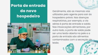 Porta de entrada
do novo
hospedeiro
Geralmente, são as mesmas vias
utilizadas pelo agente para sair do
hospedeiro prévio. Nas doenças
respiratórias, por exemplo, a via
aérea é porta de entrada e saída.
Nas intoxicações alimentares, por
outro lado, a porta de saída pode
ser uma lesão aberta na pele e a
porta de entrada são alimentos
contaminados com a secreção da
lesão.
 