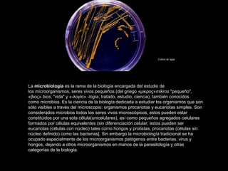 Cultivo en agar




La microbiología es la rama de la biología encargada del estudio de
los microorganismos, seres vivos p...