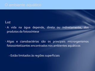 Luz
• A vida na água depende, direta ou indiretamente, dos
produtos da fotossíntese
• Algas e cianobactérias são os principais microrganismos
fotossintetizantes encontrados nos ambientes aquáticos
- Estão limitados às regiões superficiais
O ambiente aquático
 