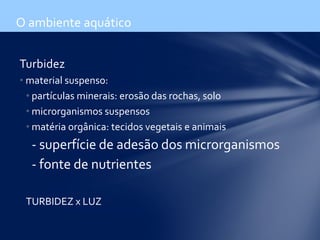 Turbidez
• material suspenso:
• partículas minerais: erosão das rochas, solo
• microrganismos suspensos
• matéria orgânica: tecidos vegetais e animais
- superfície de adesão dos microrganismos
- fonte de nutrientes
TURBIDEZ x LUZ
O ambiente aquático
 