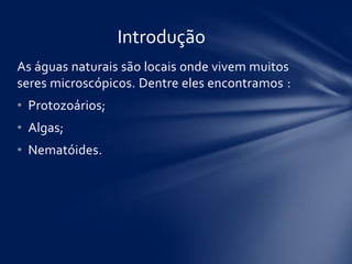As águas naturais são locais onde vivem muitos
seres microscópicos. Dentre eles encontramos :
• Protozoários;
• Algas;
• Nematóides.
Introdução
 