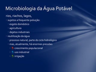 Microbiologia da Água Potável
rios, riachos, lagos,
• sujeitos a frequente poluição:
• esgoto doméstico
• agricultura
• dejetos industriais
• reutilização da água
• processo natural, parte do ciclo hidrológico
• mas, atualmente, há enormes pressões
•  crescimento populacional
•  uso industrial
•  irrigação
 