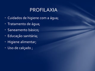 • Cuidados de higiene com a água;
• Tratamento de água;
• Saneamento básico;
• Educação sanitária;
• Higiene alimentar;
• Uso de calçado ;
PROFILAXIA
 