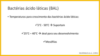 Bactérias ácido láticas (BAL)
• Temperaturas para crescimento das bactérias ácido láticas:
5°C - 50°C  Suportam
25°C – 40°C  deal para seu desenvolvimento
Mesófilas
McDONALD et al., (1991)
 