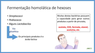 Fermentação homolática de hexoses
• Streptococci
• Pediococos
• Alguns Lactobacilos
Os principais produtos é o
ácido láctico
Via
glicolítica
Muitas destas bactérias possuem
a capacidade para gerar outros
produtos a partir de piruvato,
acetato, CO2, formato, etanol,
acetoína, etc.
 