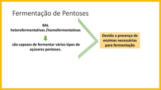 Fermentação de Pentoses
BAL
heterofermentativas /homofermentativas
são capazes de fermentar vários tipos de
açúcares pentoses.
Devido a presença de
enzimas necessárias
para fermentação
 