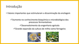 Introdução
• Fatores importantes que estimularam a disseminação da ensilagem
Aumento no conhecimento bioquímico e microbiológico dos
processos fermentativos
Desenvolvimento da engenharia agrícola
Grande expansão da cultura de milho como forrageira
 