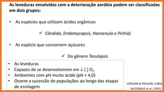 As leveduras envolvidas com a deterioração aeróbia podem ser classificadas
em dois grupos:
• As espécies que utilizam ácidos orgânicos
 Cândida, Endomycopsis, Hansenula e Pichia)
• As espécie que consomem açúcares
 Do gênero Torulopsis
JONSSON & PAHLOW, (1984)
• As leveduras
• Capazes de se desenvolverem em  [ ] O2
• Ambientes com pH muito ácido (pH < 4,0)
• Ocorre a sucessão de populações ao longo das etapas
de ensilagem McDONALD et al. (1991)
 