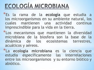 *Es la rama de la ecología que estudia a
los microorganismos en su ambiente natural, los
cuales mantienen una actividad continua
imprescindible para la vida en la tierra.
*Los mecanismos que mantienen la diversidad
microbiana de la biosfera son la base de la
dinámica de los ecosistemas terrestres,
acuáticos y aéreos.
*La ecología microbiana es la ciencia que
estudia específicamente las interrelaciones
entre los microorganismos y su entorno biótico y
abiótico.
 