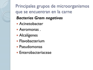 Principales grupos de microorganismos
que se encuentran en la carne
Bacterias Gram negativas
 Acinetobacter
 Aeromonas .
 Alcalígenes
 Flavobacterium
 Pseudomonas
 Enterobacteriaceae
 