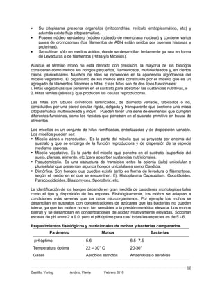 10
Castillo, Yorling Andino, Flavia Febrero 2010
Su citoplasma presenta organelos (mitocondrias, retículo endoplasmático, etc) y
además existe flujo citoplasmático.
Poseen núcleo verdadero (núcleo rodeado de membrana nuclear) y contiene varios
pares de cromosomas (los filamentos de ADN están unidos por puentes histonas y
proteínas).
Se cultivan sólo en medios ácidos, donde se desarrollan lentamente ya sea en forma
de Levaduras o de filamentos (Hifas y/o Micelios).
Aunque el término moho no está definido con precisión, la mayoría de los biólogos
consideran como mohos los hongos pequeños, filamentosos, multinucleados y, en ciertos
casos, pluricelulares. Muchos de ellos se reconocen en la apariencia algodonosa del
micelio vegetativo. El organismo de los mohos está constituido por el micelio que es un
agregado de filamentos filiformes o hifas. Estas hifas son de dos tipos funcionales:
l. Hifas vegetativas que penetran en el sustrato para absorber las sustancias nutritivas, e
2. Hifas fértiles (aéreas), que producen las células reproductoras.
Las hifas son túbulos cilíndricos ramificados, de diámetro variable, tabicados o no,
constituidos por una pared celular rígida, delgada y transparente que contiene una masa
citoplasmática multinucleada y móvil. Pueden tener una serie de elementos que cumplen
diferentes funciones, como los rizoides que penetran en el sustrato primitivo en busca de
alimentos
Los micelios es un conjunto de hifas ramificadas, entrelazadas y de disposición variable.
Los micelios pueden ser:
 Micelio aéreo o reproductor. Es la parte del micelio que se proyecta por encima del
sustrato y que se encarga de la función reproductora y de dispersión de la especie
mediante esporas.
 Micelio vegetativo. Es la parte del micelio que penetra en el sustrato (superficie del
suelo, plantas, alimento, etc.)para absorber sustancias nutricionales.
 Pseudomicelio. Es una estructura de transición entre la colonia (talo) unicelular o
pluricelular que presentan algunos hongos unicelulares como Candida.
 Dimórfica. Son hongos que pueden existir tanto en forma de levadura o filamentosa,
según el medio en el que se encuentren. Ej. Histoplasma Capsulatum, Coccidioides,
Paracoccidioides, Blastomyces, Sporothrix, etc.
La identificación de los hongos depende en gran medida de caracteres morfológicos tales
como el tipo y disposición de las esporas. Fisiológicamente, los mohos se adaptan a
condiciones más severas que los otros microorganismos. Por ejemplo los mohos se
desarrollan en sustratos con concentraciones de azúcares que las bacterias no pueden
tolerar, ya que los mohos no son tan sensibles a la presión osmótica elevada. Los mohos
toleran y se desarrollan en concentraciones de acidez relativamente elevadas. Soportan
escalas de pH entre 2 a 9.0, pero el pH óptimo para casi todas las especies es de 5 - 6.
Requerimientos fisiológicos y nutricionales de mohos y bacterias comparados.
Parámetro Mohos Bacterias
pH óptimo 5.6 6.5- 7.5
Temperatura óptima 22 – 30° C 20-30°
Gases Aerobios estrictos Anaerobias o aerobias
 