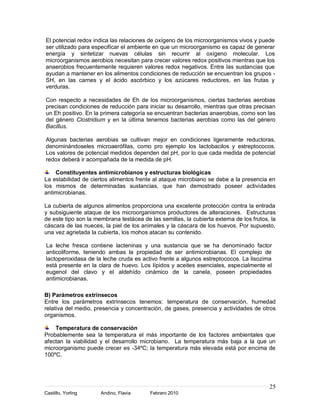 25
Castillo, Yorling Andino, Flavia Febrero 2010
El potencial redox indica las relaciones de oxígeno de los microorganismos vivos y puede
ser utilizado para especificar el ambiente en que un microorganismo es capaz de generar
energía y sintetizar nuevas células sin recurrir al oxígeno molecular. Los
microorganismos aerobios necesitan para crecer valores redox positivos mientras que los
anaerobios frecuentemente requieren valores redox negativos. Entre las sustancias que
ayudan a mantener en los alimentos condiciones de reducción se encuentran los grupos -
SH, en las carnes y el ácido ascórbico y los azúcares reductores, en las frutas y
verduras.
Con respecto a necesidades de Eh de los microorganismos, ciertas bacterias aerobias
precisan condiciones de reducción para iniciar su desarrollo, mientras que otras precisan
un Eh positivo. En la primera categoría se encuentran bacterias anaerobias, como son las
del género Clostridium y en la última tenemos bacterias aerobias como las del género
Bacillus.
Algunas bacterias aerobias se cultivan mejor en condiciones ligeramente reductoras,
denominándoseles microaerófilas, como pro ejemplo los lactobacilos y estreptococos.
Los valores de potencial medidos dependen del pH, por lo que cada medida de potencial
redox deberá ir acompañada de la medida de pH.
Constituyentes antimicrobianos y estructuras biológicas
La estabilidad de ciertos alimentos frente al ataque microbiano se debe a la presencia en
los mismos de determinadas sustancias, que han demostrado poseer actividades
antimicrobianas.
La cubierta de algunos alimentos proporciona una excelente protección contra la entrada
y subsiguiente ataque de los microorganismos productores de alteraciones. Estructuras
de este tipo son la membrana testácea de las semillas, la cubierta externa de los frutos, la
cáscara de las nueces, la piel de los animales y la cáscara de los huevos. Por supuesto,
una vez agrietada la cubierta, los mohos atacan su contenido.
La leche fresca contiene lacteninas y una sustancia que se ha denominado factor
anticoliforme, teniendo ambas la propiedad de ser antimicrobianas. El complejo de
lactoperoxidasa de la leche cruda es activo frente a algunos estreptococos. La lisozima
está presente en la clara de huevo. Los Iípidos y aceites esenciales, especialmente el
eugenol del clavo y el aldehído cinámico de la canela, poseen propiedades
antimicrobianas.
B) Parámetros extrínsecos
Entre los parámetros extrínsecos tenemos: temperatura de conservación, humedad
relativa del medio, presencia y concentración, de gases, presencia y actividades de otros
organismos.
Temperatura de conservación
Probablemente sea la temperatura el más importante de los factores ambientales que
afectan la viabilidad y el desarrollo microbiano. La temperatura más baja a la que un
microorganismo puede crecer es -34ºC; la temperatura más elevada está por encima de
100ºC.
 