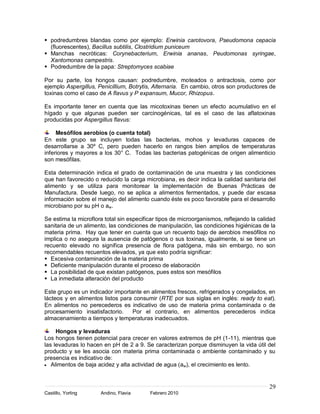 29
Castillo, Yorling Andino, Flavia Febrero 2010
 podredumbres blandas como por ejemplo: Erwinia carotovora, Pseudomona cepacia
(fluorescentes), Bacillus subtilis, Clostridium puniceum
 Manchas necróticas: Corynebacterium, Erwinia ananas, Peudomonas syringae,
Xantomonas campestris.
 Podredumbre de la papa: Streptomyces scabiae
Por su parte, los hongos causan: podredumbre, moteados o antractosis, como por
ejemplo Aspergillus, Penicillium, Botrytis, Alternaria. En cambio, otros son productores de
toxinas como el caso de A flavus y P expansum, Mucor, Rhizopus.
Es importante tener en cuenta que las micotoxinas tienen un efecto acumulativo en el
hígado y que algunas pueden ser carcinogénicas, tal es el caso de las aflatoxinas
producidas por Aspergillus flavus:
Mesófilos aerobios (o cuenta total)
En este grupo se incluyen todas las bacterias, mohos y levaduras capaces de
desarrollarse a 30º C, pero pueden hacerlo en rangos bien amplios de temperaturas
inferiores y mayores a los 30° C. Todas las bacterias patogénicas de origen alimenticio
son mesófilas.
Esta determinación indica el grado de contaminación de una muestra y las condiciones
que han favorecido o reducido la carga microbiana, es decir indica la calidad sanitaria del
alimento y se utiliza para monitorear la implementación de Buenas Prácticas de
Manufactura. Desde luego, no se aplica a alimentos fermentados, y puede dar escasa
información sobre el manejo del alimento cuando éste es poco favorable para el desarrollo
microbiano por su pH o aw.
Se estima la microflora total sin especificar tipos de microorganismos, reflejando la calidad
sanitaria de un alimento, las condiciones de manipulación, las condiciones higiénicas de la
materia prima. Hay que tener en cuenta que un recuento bajo de aerobios mesófilos no
implica o no asegura la ausencia de patógenos o sus toxinas, igualmente, si se tiene un
recuento elevado no significa presencia de flora patógena, más sin embargo, no son
recomendables recuentos elevados, ya que esto podría significar:
 Excesiva contaminación de la materia prima
 Deficiente manipulación durante el proceso de elaboración
 La posibilidad de que existan patógenos, pues estos son mesófilos
 La inmediata alteración del producto
Este grupo es un indicador importante en alimentos frescos, refrigerados y congelados, en
lácteos y en alimentos listos para consumir (RTE por sus siglas en inglés: ready to eat).
En alimentos no perecederos es indicativo de uso de materia prima contaminada o de
procesamiento insatisfactorio. Por el contrario, en alimentos perecederos indica
almacenamiento a tiempos y temperaturas inadecuados.
Hongos y levaduras
Los hongos tienen potencial para crecer en valores extremos de pH (1-11), mientras que
las levaduras lo hacen en pH de 2 a 9. Se caracterizan porque disminuyen la vida útil del
producto y se les asocia con materia prima contaminada o ambiente contaminado y su
presencia es indicativo de:
Alimentos de baja acidez y alta actividad de agua (aw), el crecimiento es lento.
 