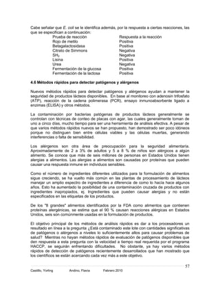 57
Castillo, Yorling Andino, Flavia Febrero 2010
Cabe señalar que E. coli se le identifica además, por la respuesta a ciertas reacciones, las
que se especifican a continuación:
Prueba de reacción Respuesta a la reacción
Rojo de metilo Positiva
Betagalactosidasa Positiva
Citrato de Simmons Negativa
SH2 Negativa
Lisina Positiva
Urea Negativa
Fermentación de la glucosa Positiva
Fermentación de la lactosa Positiva
4.6 Métodos rápidos para detectar patógenos y alérgenos
Nuevos métodos rápidos para detectar patógenos y alérgenos ayudan a mantener la
seguridad de productos lácteos disponibles. En base al monitoreo con adenosin trifosfato
(ATP), reacción de la cadena polimerasa (PCR), ensayo inmunoabsorbente ligado a
enzimas (ELISA) y otros métodos.
La contaminación por bacterias patógenas de productos lácteos generalmente se
controlan con técnicas de conteo de placas con agar, las cuales generalmente toman de
uno a cinco días, mucho tiempo para ser una herramienta de análisis efectiva. A pesar de
que varios métodos rápidos nuevos se han propuesto, han demostrado ser poco idóneos
porque no distinguen bien entre células viables y las células muertas, generando
interferencias o falta de sensibilidad.
Los alérgenos son otra área de preocupación para la seguridad alimentaría.
Aproximadamente de 2 a 3% de adultos y 5 a 8 % de niños son alérgicos a algún
alimento. Se conoce que más de seis millones de personas en Estados Unidos tienen
alergias a alimentos. Las alergias a alimentos son causadas por proteínas que pueden
causar una respuesta inmune en individuos sensibles.
Como el número de ingredientes diferentes utilizados para la formulación de alimentos
sigue creciendo, se ha vuelto más común en las plantas de procesamiento de lácteos
manejar un amplio espectro de ingredientes a diferencia de como lo hacía hace algunos
años. Esto ha aumentado la posibilidad de una contaminación cruzada de productos con
ingredientes inapropiados, ej. Ingredientes que pueden causar alergias y no están
especificados en las etiquetas de los productos.
De los "8 grandes" alimentos identificados por la FDA como alimentos que contienen
proteínas alergénicas, se estima que el 90 % causan reacciones alérgicas en Estados
Unidos, seis son comúnmente usadas en la formulación de productos.
El objetivo principal de los métodos de análisis rápidos es dar a los procesadores un
resultado en línea a la pregunta ¿Está contaminado este lote con cantidades significativas
de patógenos o alérgenos a niveles lo suficientemente altos para causar problemas de
salud? Mientras no hayan métodos rápidos de evaluación de patógenos disponibles que
den respuesta a esta pregunta con la velocidad a tiempo real requerida por el programa
HACCP, se seguirán enfrentando dificultades. No obstante, ya hay varios métodos
rápidos de detección de patógenos recientemente desarrollados que han mostrado que
los científicos se están acercando cada vez más a este objetivo.
 