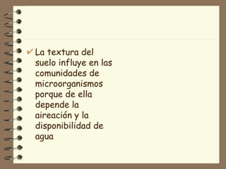 La textura del suelo influye en las comunidades de microorganismos porque de ella depende la aireación y la disponibilidad de agua 