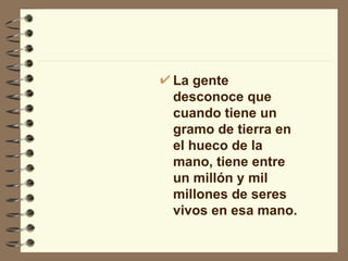 La gente desconoce que cuando tiene un gramo de tierra en el hueco de la mano, tiene entre un millón y mil millones de seres vivos en esa mano. 