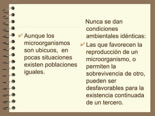 Aunque los microorganismos son ubicuos,  en pocas situaciones existen poblaciones iguales. Nunca se dan condiciones ambientales idénticas: Las que favorecen la reproducción de un microorganismo, o permiten la sobrevivencia de otro, pueden ser desfavorables para la existencia continuada de un tercero. 