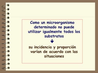 Como un microorganismo determinado no puede utilizar igualmente todos los substratos  su incidencia y proporción varían de acuerdo con las situaciones 