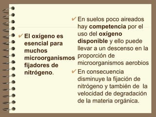 El oxígeno es esencial para muchos microorganismos fijadores de nitrógeno . En suelos poco aireados hay  competencia  por el uso del  oxígeno disponible  y ello puede llevar a un descenso en la proporción de microorganismos aerobios En consecuencia disminuye la fijación de nitrógeno y también de  la velocidad de degradación de la materia orgánica.  