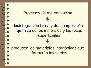 Procesos de meteorización  desintegración física  y  descomposición química  de los minerales y las rocas superficiales   producen los materiales inorgánicos que formarán los suelos 
