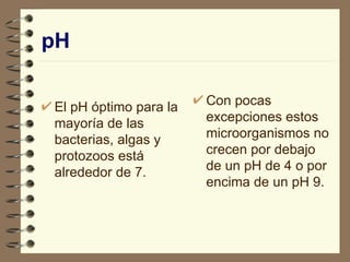 pH El pH óptimo para la mayoría de las bacterias, algas y protozoos está alrededor de 7. Con pocas excepciones estos microorganismos no crecen por debajo de un pH de 4 o por encima de un pH 9. 