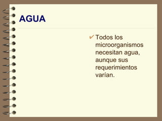AGUA Todos los microorganismos necesitan agua, aunque sus requerimientos varían. 