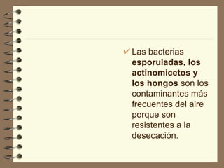 Las bacterias  esporuladas, los actinomicetos y los hongos  son los contaminantes más frecuentes del aire porque son resistentes a la desecación. 