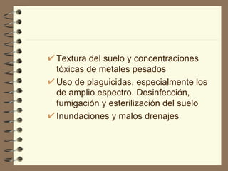 Textura del suelo y concentraciones tóxicas de metales pesados Uso de plaguicidas, especialmente los de amplio espectro. Desinfección, fumigación y esterilización del suelo Inundaciones y malos drenajes 