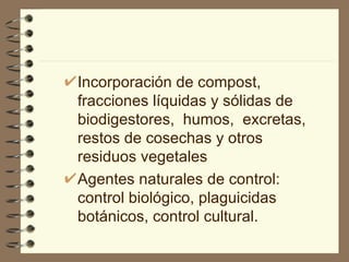 Incorporación de compost, fracciones líquidas y sólidas de biodigestores,  humos,  excretas, restos de cosechas y otros residuos vegetales Agentes naturales de control: control biológico, plaguicidas botánicos, control cultural. 