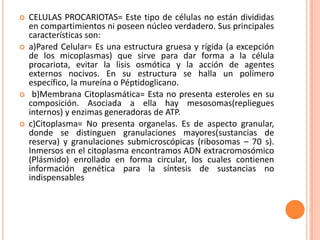  CELULAS PROCARIOTAS= Este tipo de células no están divididas
en compartimientos ni poseen núcleo verdadero. Sus principales
características son:
 a)Pared Celular= Es una estructura gruesa y rígida (a excepción
de los micoplasmas) que sirve para dar forma a la célula
procariota, evitar la lisis osmótica y la acción de agentes
externos nocivos. En su estructura se halla un polímero
específico, la mureína o Péptidoglicano.
 b)Membrana Citoplasmática= Esta no presenta esteroles en su
composición. Asociada a ella hay mesosomas(repliegues
internos) y enzimas generadoras de ATP.
 c)Citoplasma= No presenta organelas. Es de aspecto granular,
donde se distinguen granulaciones mayores(sustancias de
reserva) y granulaciones submicroscópicas (ribosomas – 70 s).
Inmersos en el citoplasma encontramos ADN extracromosómico
(Plásmido) enrollado en forma circular, los cuales contienen
información genética para la síntesis de sustancias no
indispensables
 