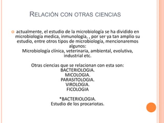 RELACIÓN CON OTRAS CIENCIAS
 actualmente, el estudio de la microbiología se ha dividido en
microbiología medica, inmunología, , por ser ya tan amplio su
estudio, entre otros tipos de microbiología, mencionaremos
algunos:
Microbiología clínica, veterinaria, ambiental, evolutiva,
industrial etc.
Otras ciencias que se relacionan con esta son:
BACTERIOLOGIA.
MICOLOGIA.
PARASITOLOGIA.
VIROLOGIA.
FICOLOGIA
*BACTERIOLOGIA.
Estudio de los procariotas.
 