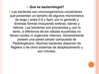 Que es bacteriología?
 Las bacterias son microorganismos unicelulares
que presentan un tamaño de algunos micrómetros
de largo ( entre 0,5 y 5pm, por lo general) y
diversas formas incluyendo esferas, barras y
hélices. Las bacterias son procariotas y, por lo
tanto, a diferencia de las células eucariotas no
tienen núcleo ni orgánulos internos. Generalmente
poseen una pared celular compuesta de
Péptidoglicano. Muchas bacterias disponen de
flagelos o de otros sistemas de desplazamiento y
son móviles.
 