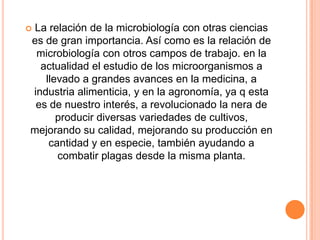  La relación de la microbiología con otras ciencias
es de gran importancia. Así como es la relación de
microbiología con otros campos de trabajo. en la
actualidad el estudio de los microorganismos a
llevado a grandes avances en la medicina, a
industria alimenticia, y en la agronomía, ya q esta
es de nuestro interés, a revolucionado la nera de
producir diversas variedades de cultivos,
mejorando su calidad, mejorando su producción en
cantidad y en especie, también ayudando a
combatir plagas desde la misma planta.
 