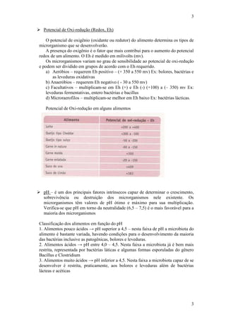 3
3
 Potencial de Oxi-redução (Redox, Eh)
O potencial de oxigênio (oxidante ou redutor) do alimento determina os tipos de
microrganismo que se desenvolverão.
A presença do oxigênio é o fator que mais contribui para o aumento do potencial
redox de um alimento. O Eh é medido em milivolts (mv).
Os microrganismos variam no grau de sensibilidade ao potencial de oxi-redução
e podem ser dividido em grupos de acordo com o Eh requerido.
a) Aeróbios – requerem Eh positivo – (+ 350 a 550 mv) Ex: bolores, bactérias e
as leveduras oxidativas
b) Anaeróbios – requerem Eh negativo ( - 30 a 550 mv)
c) Facultativos – multiplicam-se em Eh (+) e Eh (-) (+100) a (– 350) mv Ex:
leveduras fermentativas, entero bactérias e bacillus
d) Microraerofilos – multiplicam-se melhor em Eh baixo Ex: bactérias lácticas.
Potencial de Oxi-redução em alguns alimentos
 pH – é um dos principais fatores intrínsecos capaz de determinar o crescimento,
sobrevivência ou destruição dos microrganismos nele existente. Os
microrganismos têm valores de pH ótimo e máximo para sua multiplicação.
Verifica-se que pH em torno da neutralidade (6,5 – 7,5) é o mais favorável para a
maioria dos microrganismos
Classificação dos alimentos em função do pH
1. Alimentos pouco ácidos → pH superior a 4,5 – nesta faixa de pH a microbiota do
alimento é bastante variada, havendo condições para o desenvolvimento da maioria
das bactérias inclusive as patogênicas, bolores e leveduras.
2. Alimentos ácidos → pH entre 4,0 – 4,5. Nesta faixa a microbiota já é bem mais
restrita, representada por bactérias láticas e algumas formas esporuladas do gênero
Bacillus e Clostridium
3. Alimentos muito ácidos → pH inferior a 4,5. Nesta faixa a microbiota capaz de se
desenvolver é restrita, praticamente, aos bolores e leveduras além de bactérias
lácteas e acéticas
 