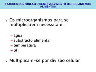 Os microorganismos para se
multiplicarem necessitam:
– água
– substracto alimentar
– temperatura
– pH
Multiplicam-se por divisão celular
FATORES CONTROLAM O DESENVOLVIMENTO MICROBIANO NOS
ALIMENTOS
 