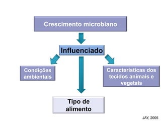 Crescimento microbiano
Influenciado
Condições
ambientais
Características dos
tecidos animais e
vegetais
Tipo de
alimento
JAY, 2005
 