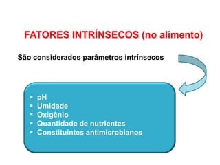 FATORES INTRÍNSECOS (no alimento)
São considerados parâmetros intrínsecos
 pH
 Umidade
 Oxigênio
 Quantidade de nutrientes
 Constituintes antimicrobianos
 