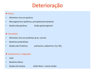 Deterioração
► Ranço:
• Alimentos ricos em gordura
• Microrganismos lipolíticos, principalmente bactérias
• Quebra das gorduras ácidos graxos+glicerol
► Putrefação:
• Alimentos ricos em proteínas (p.ex. carnes)
• Bactérias proteolíticas
• Quebra das Proteínas putrescina, cadaverina, H2S, NH3
► Azedamento e coagulação:
• Leite
• Bactérias láticas
• Quebra da Lactose ácido lático + outros ácidos
 