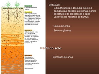 Definição:
         Em agricultura e geologia, solo é a
         camada que recobre as rochas, sendo
         constituído de proporções e tipos
         variáveis de minerais de húmus


        Solos minerais
        Solos orgânicos




Perfil do solo

        Centenas de anos
 