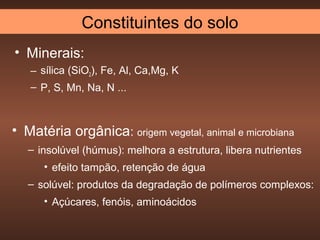 Constituintes do solo
• Minerais:
   – sílica (SiO2), Fe, Al, Ca,Mg, K
   – P, S, Mn, Na, N ...



• Matéria orgânica: origem vegetal, animal e microbiana
   – insolúvel (húmus): melhora a estrutura, libera nutrientes
      • efeito tampão, retenção de água
   – solúvel: produtos da degradação de polímeros complexos:
      • Açúcares, fenóis, aminoácidos
 