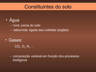 Constituintes do solo

• Água
  – livre: poros do solo
  – adsorvida: ligada aos colóides (argilas)


• Gases:
     CO2, O2, N2 ...


  – composição variável em função dos processos
    biológicos
 